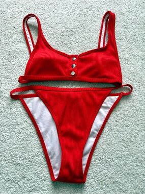 Red Ribbed Two-Piece Bikini Set